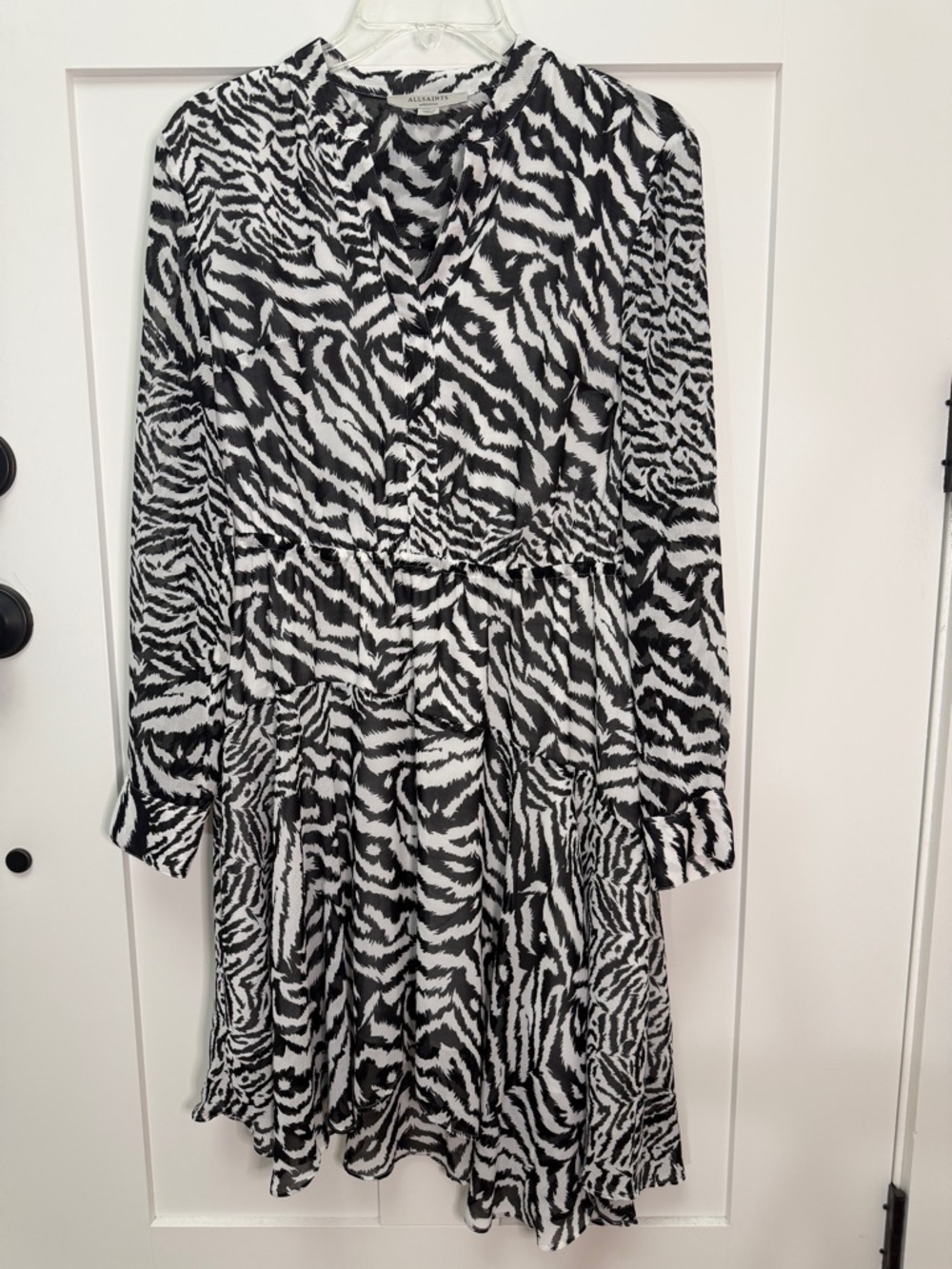 All Saints Zebra Print Long Sleeve Tiered Dress - Black & White